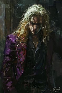 a man with long blonde hair wearing a purple jacket and black shirt is standing in front of a dark background