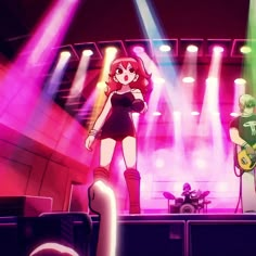 two anime characters are performing on stage with bright lights and sound equipment in the background