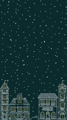 the night sky is filled with snow and stars above some small town buildings, as well as a clock tower