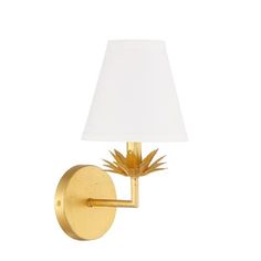 a gold wall light with a white shade on the side and a pineapple design