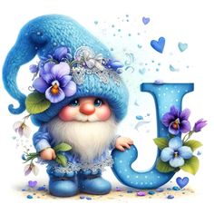 a blue gnome with flowers on his head holding the letter j