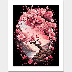 an art print with pink flowers in the shape of a tree on a black background