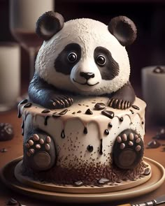 a panda bear sitting on top of a cake covered in icing and chocolate sprinkles