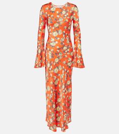 Floral satin maxi dress in orange - Ganni | Mytheresa Silk Maxi Dress With Floral Print, Spring Rayon Maxi Dress With Bias Cut, Spring Bias Cut Rayon Maxi Dress, Chic Stretch Maxi Dress With Floral Print, Spring Dresses In Rayon With Bias Cut, Spring Rayon Dresses With Bias Cut, Spring Rayon Bias Cut Dresses, Spring Bias Cut Rayon Dresses, Orange Elegant Stretch Maxi Dress