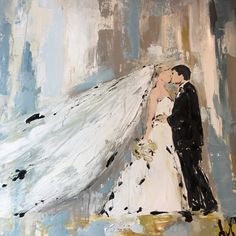 a painting of a bride and groom kissing