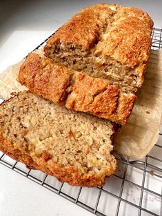 two slices of banana bread on a cooling rack