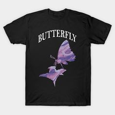 a black t - shirt with purple butterflies and the words butterfly on it's chest