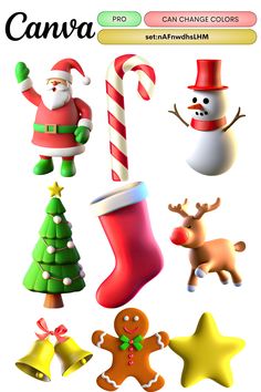 an animated christmas scene with santa, snowman and other holiday decorations on white background