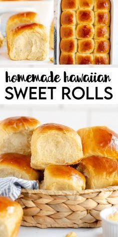 homemade hawaiian sweet rolls in a wicker basket with text overlay that reads homemade hawaiian sweet rolls