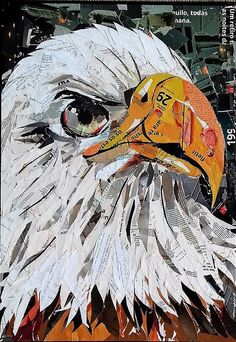 an eagle with a helmet on it's head is made out of newspaper strips