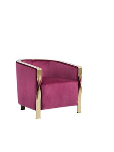 a purple chair with gold trim on the armrests and legs, against a white background