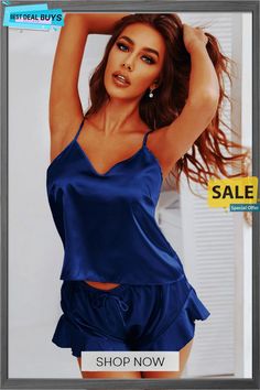 Satin Cami, Ruffle Hem Shorts Pajama Set Sleeveless Summer Night Sets, Sleeveless Summer Night Outfit Sets, Casual Sets For Summer Nights, Casual Summer Night Sets, Blue Ruffled Sleepwear For Loungewear, Blue Summer Night Sets, Shorts Pajama Set, Satin Cami, Short Pajama Set