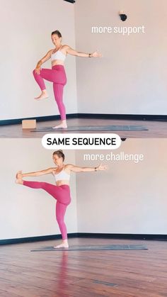 a woman in pink pants and white top doing yoga poses with the words same sequence more challenge