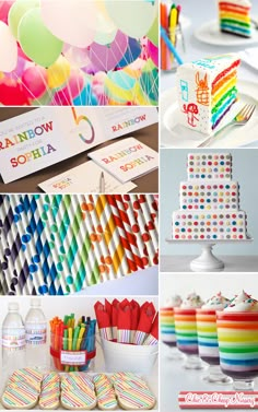 a collage of colorful party foods and decorations