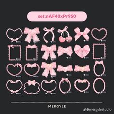 a set of pink bows and hearts on a black background with text that says,