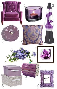 purple and gold decor with candles, flowers, books, vases and pictures