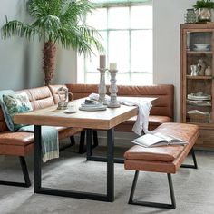 a living room with couches and a table in front of a large potted plant