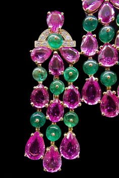 Bulgari Pink Sapphire Emerald Diamond Pendant Earrings Gold Pendant Earrings, Emerald Diamond Pendant, Pendant Earrings Set, Jeweled Earrings, Emerald Bead, Yellow Gold Pendants, Sapphire Earrings, Sapphire Jewelry