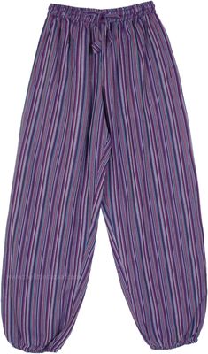 Light and fun elastic cuffed ankle breezy harem pants, relaxed fit through thighs, with striped handloomed cotton fabric in purple. It features an elastic waist with a flexible drawstring and two deep side pockets on either side and one pocket at the back. #tlb #SplitSkirtsPants #Pocket #Yoga #vacationclothing #beachwrap #Striped #bohemianfashion #cottonharempants #harempantswithpockets #elasticwaistharempants #bohopants #summercottonpants Casual Purple Harem Pants For Summer, Summer Purple Cotton Harem Pants, Purple Cotton Pants With Elastic Waistband, Casual Purple Wide Leg Harem Pants, Purple Relaxed Fit Cotton Pants, Casual Striped Cotton Harem Pants, Purple Relaxed Fit Beach Bottoms, Purple Relaxed Fit Bottoms For Beach, Purple Cotton Pants For Summer