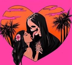 two women in front of a heart with palm trees and an orange sky behind them