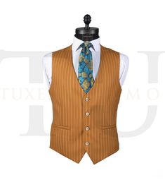 [6715-4] 3-Piece Mustard Peak Lapel Two Button Pinstripe Suit With Vest And Pants - Tuxedo Uomo Striped Double Breasted Suit For Business Casual, Striped Suit And Tie Accessories For Work, Striped Business Sets, Business Striped Notch Lapel Sets, Elegant Pinstripe Vest For Formal Occasions, Classic Pinstripe Vest For Formal Occasions, Tailored Pinstripe Sets For Work, Striped Fitted Vest For Business, Striped Fitted Three-piece Suit For Formal Occasions