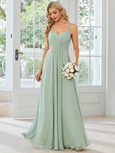 Chiffon and Lace Open Back Spaghetti Straps Bridesmaid Dress  #color_Mint Green Infinity Gown, Green Bridesmaid Dress, Bridesmaid Gown Chiffon, Spaghetti Strap Bridesmaids Dresses, Exclusive Gowns, Green Bridesmaid, Ever Pretty, Convertible Dress, Neckline Dress