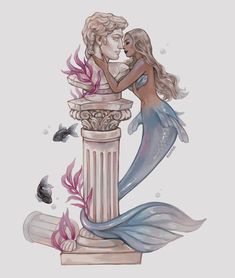 two mermaids are kissing on top of a pillar with fish around it and one is holding the other's head