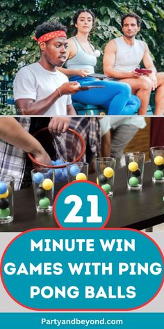 two men and one woman are playing ping pong in the park with text overlay that reads 21 minute win games with ping pong balls