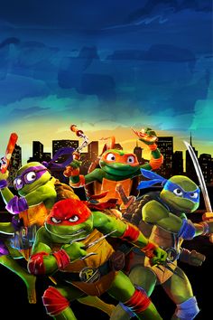 teenage mutant ninja turtles in front of a city skyline