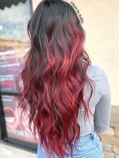 Black Hair Died Ideas, Colored Ombre Hair For Brunettes, Balayage Hair Brunette With Red, Hair Color Ideas For Brunettes With Red, Bright Red Highlights On Dark Hair, Bright Balayage On Dark Hair, Dark Red Underneath Hair, Red Hair Dye Underneath, Dark Hair With Red Underneath