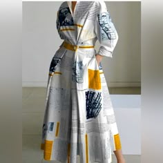 Wow Them In This Beautiful Newspaper Print Long Sleeved Dress With Loose Lapel And Slightly Pleated. Chic And Unique. Dress Runs Small (I Am 10/12 And Wear Xl) Fashion Newspaper, Newspaper Fashion, Midi Dress Fall, Newspaper Print, Newspaper Printing, Office Casual, Long Sleeve Midi Dress, Midi Dresses, Long Sleeve Casual