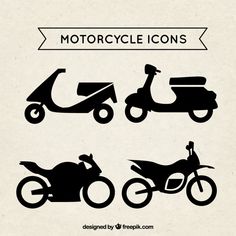 four different silhouettes of motorcycles and scooters on a white background with the words motorcycle icons