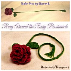 crochet rose with green leaves on it and the words ring around the rosy backmark