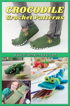 crocheted crocodile slippers are featured in this article