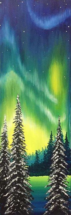 an aurora bore painting on canvas with trees in the foreground and stars above it