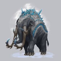 an ice age mammoth with blue and silver spikes on it's tusks