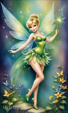 a painting of a pretty fairy holding a wand in her hand and standing on a rock