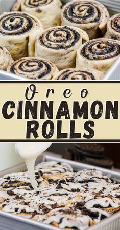 cinnamon rolls are being drizzled with icing in front of a pan