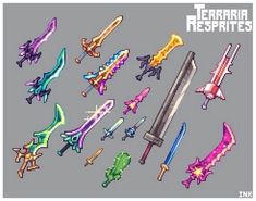 an image of some pixel art with swords and swords on the front, in different colors