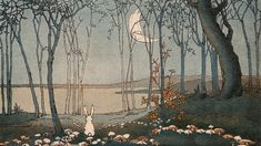 an illustration of a rabbit in the woods with trees, rocks and water below it