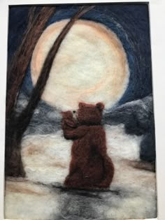 a painting of a brown bear standing in front of a tree with the moon behind it