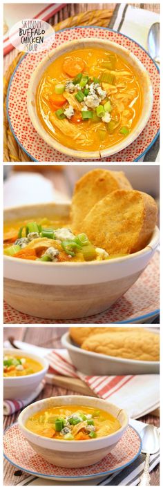 three different pictures of soup and bread in bowls