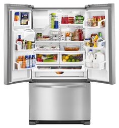 an open refrigerator with its door wide open and full of food, including milk, juice, and condiments