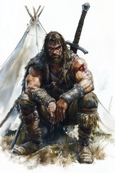 Zorvak Marnak has a muscular build, with sun-kissed skin marked by various battle scars. He has deep chestnut close-cropped hair, while a thick, bushy beard frames his strong jawline. His piercing green eyes are set against a backdrop of a prominent brow. He wears worn leather armor, which is patched and adorned with crude iron studs. A massive war scythe, its blade chipped and streaked with dried... Piercing Green Eyes, Viking Warrior Men, Dnd Barbarian, Barbarian Dnd, Vampire House, Cropped Hair, Strong Jawline, Character Artwork