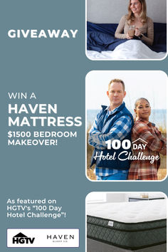 win a haven mattress $1500 bedroom makeover hgtv 100 day hotel challenge Hgtv Shows, Mattress Bedroom, Enter To Win, 100th Day, Sleep Comfortably, Design Challenges, Bedroom Makeover, To Win, Mattress