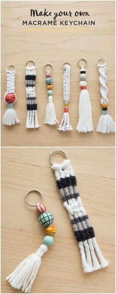 several different types of tassels are arranged on a wooden surface with text that reads make your own macrame keychain