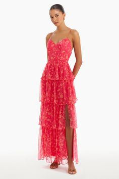 Maxi Dress Tiered Side Slit  Crinkle Chiffon Dry Clean Only YO-20448bi Amanda Uprichard Dress, Amanda Dress, Red Floral Print, Amanda Uprichard, Blue Mini Dress, Georgette Fabric, White Party, Red Floral, Homecoming Dresses