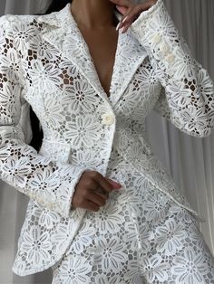 ERINE Blazer & Pants Set in White – ZCRAVE White Suits For Women, Chiffon Blazer, White Lace Design, Blazer Pants Set, Pant Design, Lace Suit, Lace Blazer, Pantsuits For Women, Woman Suit Fashion