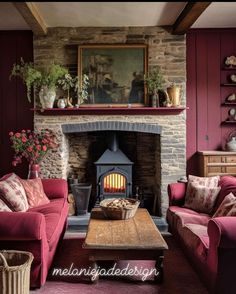 a living room with two couches and a fire place in the middle of it