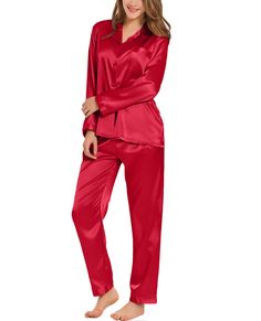 PRICES MAY VARY. ❤ Premium Material --- SWOMOG womens long sleeve pajama set is made of premium satin fabric(95% polyester, 5% spandex), gives you not only skin comfort but also visual comfort.It is lightweight, soft and skin-friendly, catch your beauty sleep in the best basics.Makes you comfortable in the lounge and sleeping time. ❤ Classic Design --- Womens satin pajama set featuring classic sleepwear style:long sleeve button down shirt and long lounge pants.The ergonomic H-shaped loose design Red Silk Pajamas, Full Sleeves Design, Bridal Sleepwear, Satin Pyjama, Pyjama Satin, Satin Sleepwear, Winter Pajamas, Silk Pajama Set, Top Hits